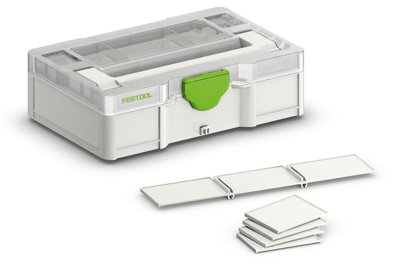 Festool Systainer SYS3 S76 TRA Storage Box detail showcasing compact storage solution for small parts and accessories