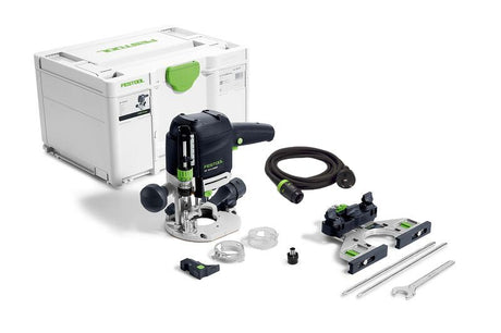 Festool OF 1010R 55mm Plunge Router with LED light ring in Systainer, showing double-sided column clamp and parallel side fence