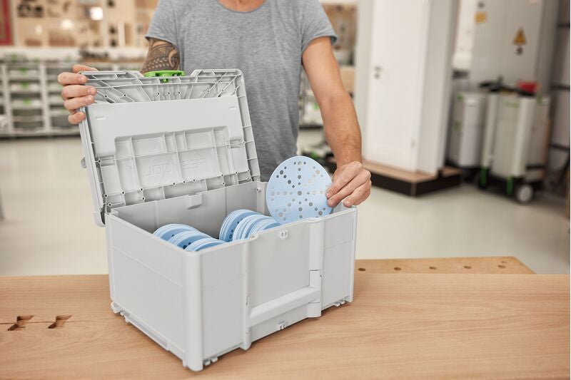Festool Granat Abrasive Disc Systainer Set 150mm - Neatly arranged assortment of 20 GRANAT sanding discs in various grit sizes