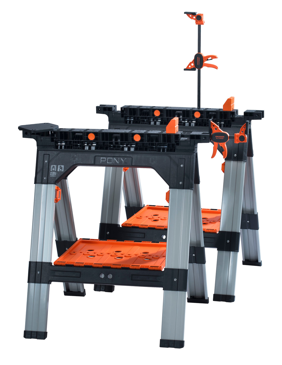 Pony Jorgensen 2-Piece Clamping Sawhorse with Clamps & Bench Dogs in use on woodworking project