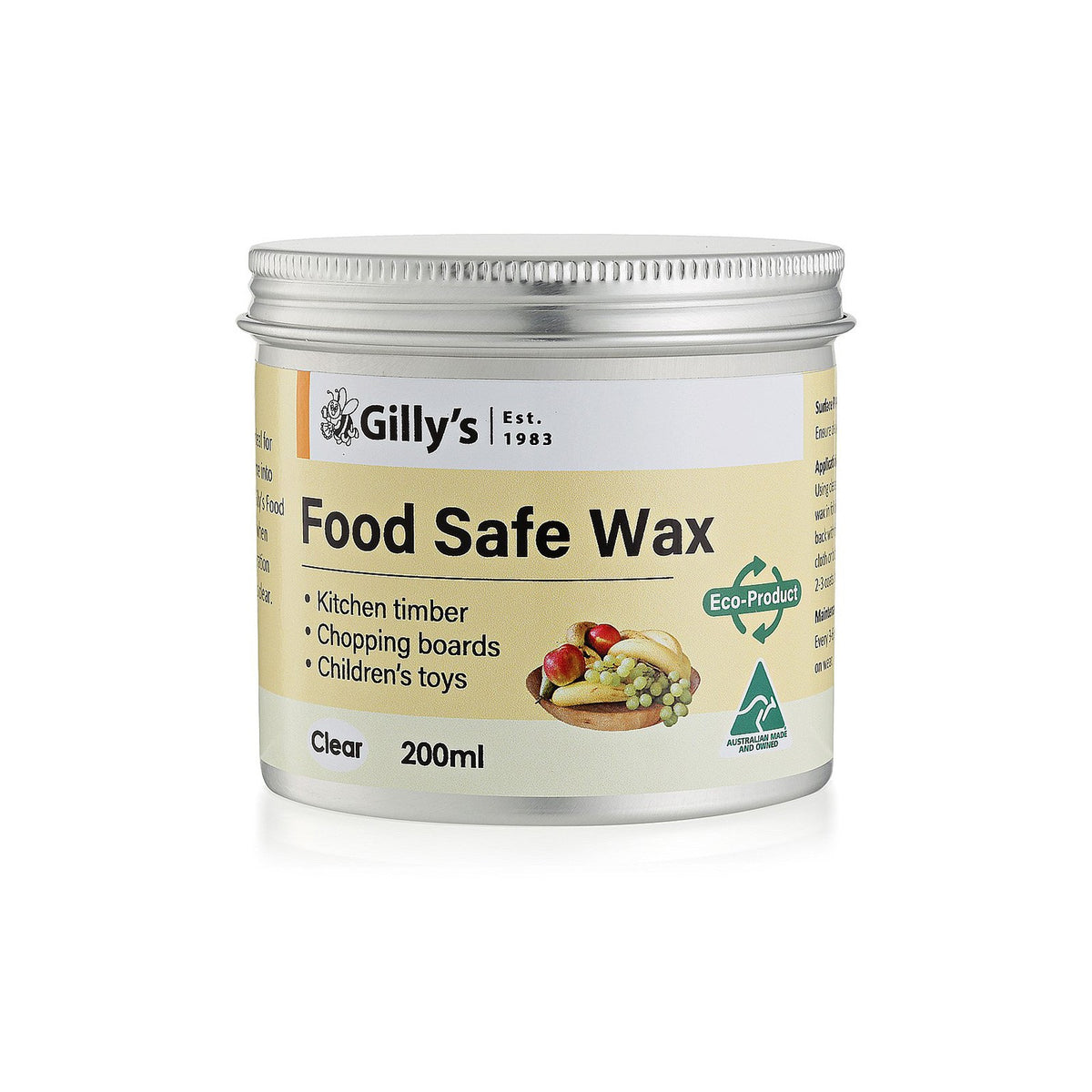 Food Safe Wax by Gilly's for nourishing and protecting timber in kitchen and children's furniture