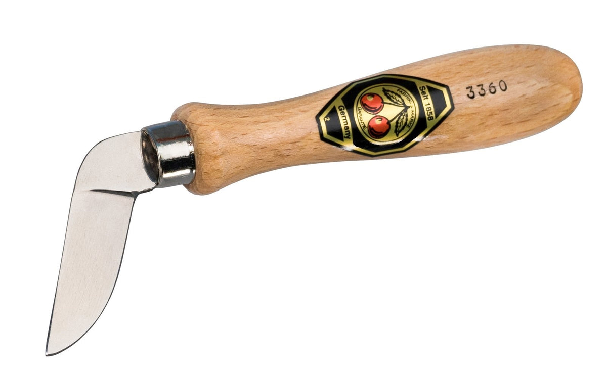 Kirschen Two Cherries #3360 Chip Carving Knife with Bent Curved Edge, Hornbeam Handle - Australian Woodworking Tools