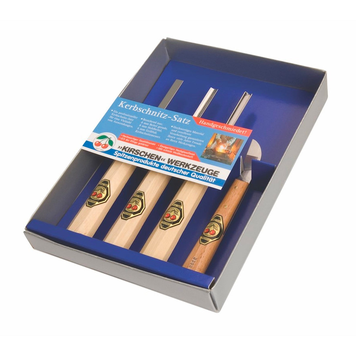 Kirschen Two Cherries Set of 4 Carving Chisels & Chip Carving Knife display box with chisels and knife in Remscheid factory