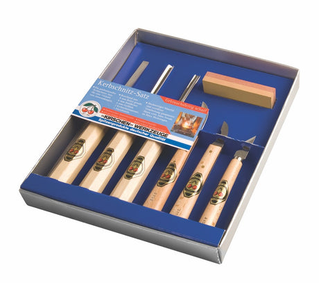 Kirschen Two Cherries carving chisels & woodcarving knives set with sharpening stone in attractive display box