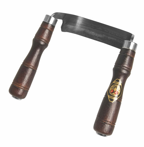 Australian-made Kirschen Two Cherries Inshave with double wooden handles for hollow carving. Deeply curved blade for carving seats and bowls