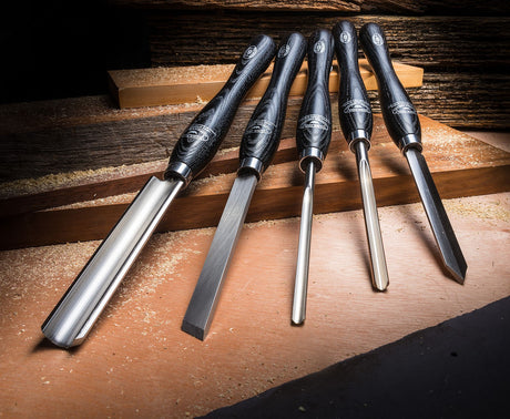 Crown Wood Turning Tool Set M2 Cryogenic Steel - Set of 5 in card storage box with stained ash handles