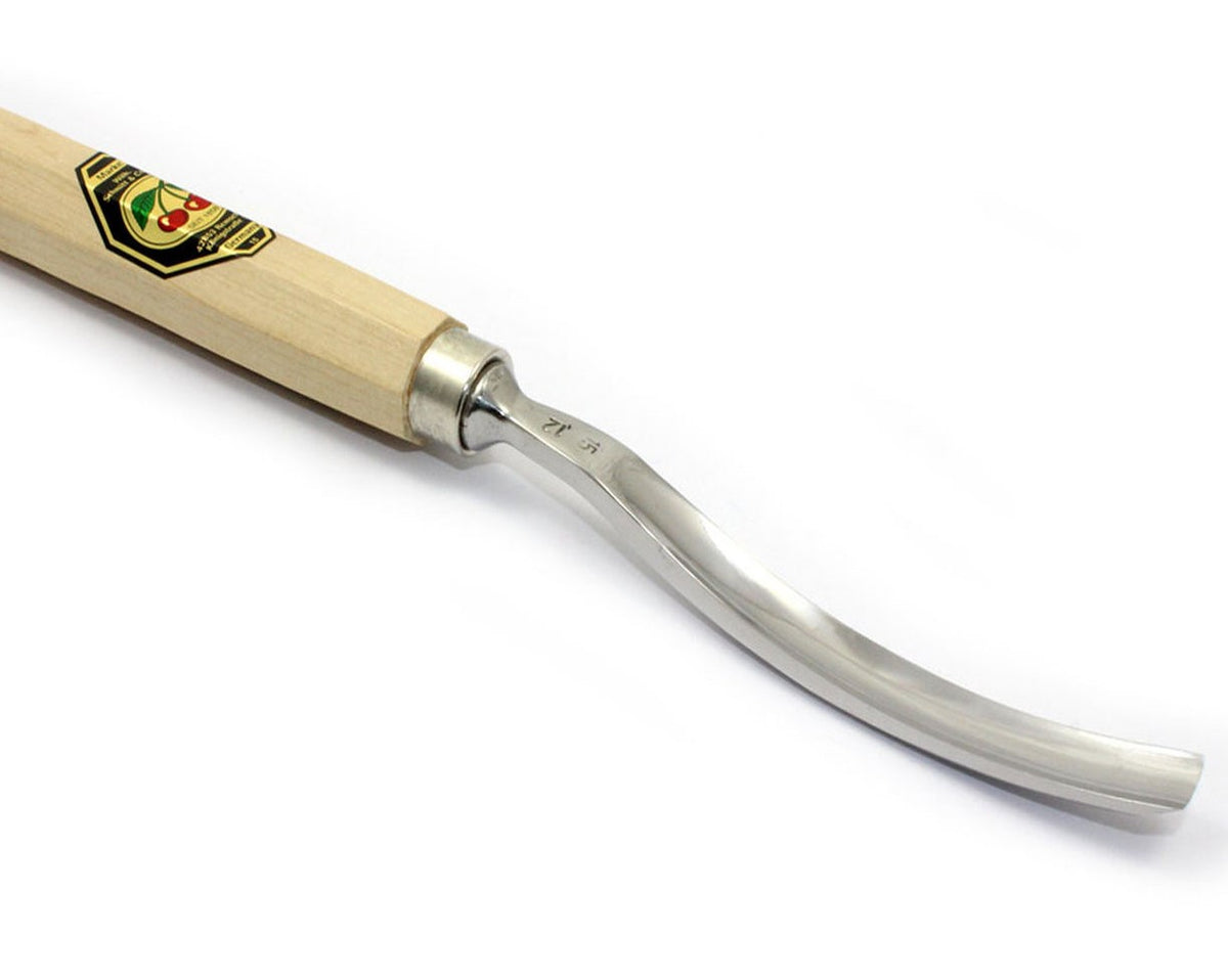 Kirschen Two Cherries #7 Bent Gouge Wood Carving Chisel, Octagonal Hornbeam Handle, 25mm Steel Hoop Detail