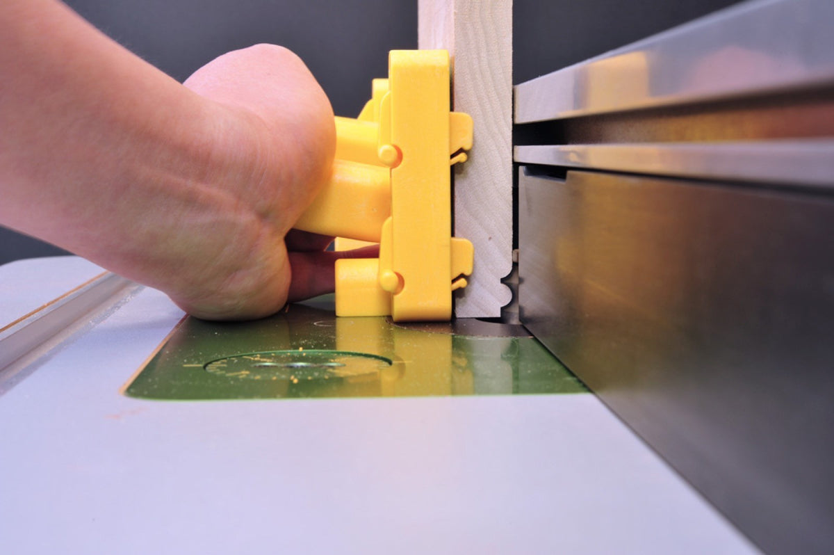 MicroJig GRR-Rip Block Smart Hook push block with Smart Hooks in action on table saw