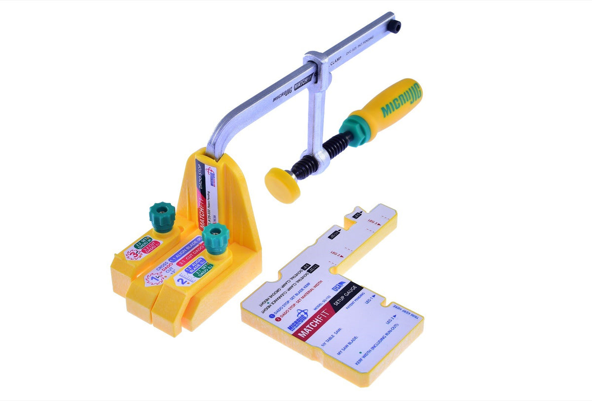 MicroJig MatchFit Table Saw Dado Stop Pro Set in use on a wooden board
