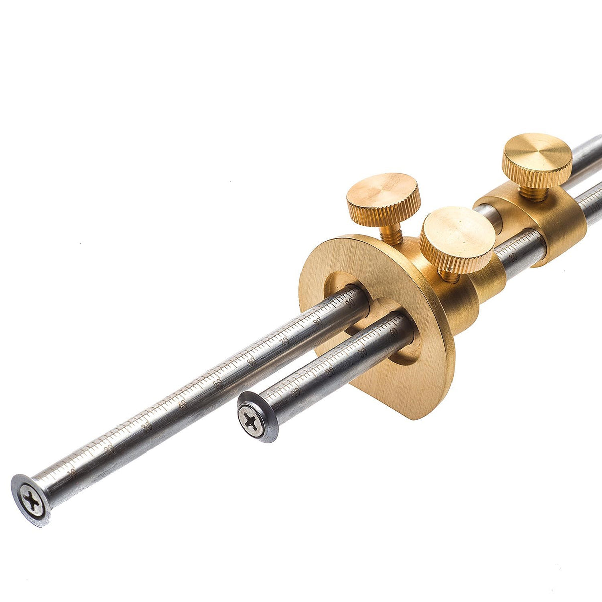 Luban Wheel Mortice Gauge Brass Micro Adjust 150mm - Solid brass head with twin stem design, featuring bridle clamp for cutter setting