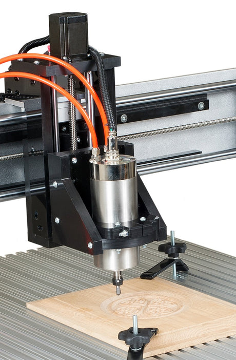 Sherwood water-cooled spindle mounted on router table for precision woodworking