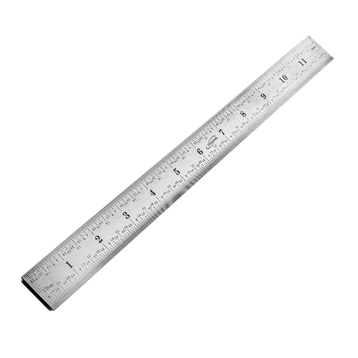 iGaging 300mm Stainless Steel Rule with Metric and Imperial graduations on both sides viewed at an angle