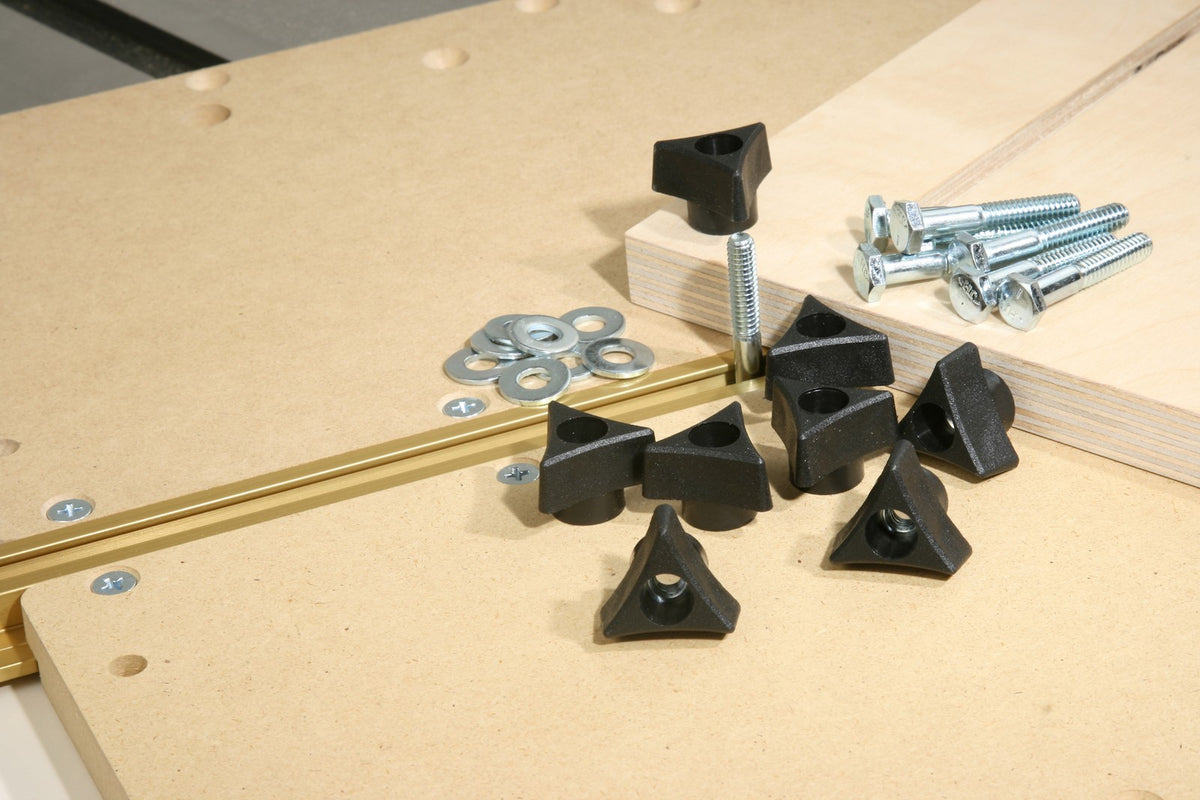 Incra Build-It System Knobs & Bolts Set, pack of 8 t-track bolts, washers, and tri-star knobs