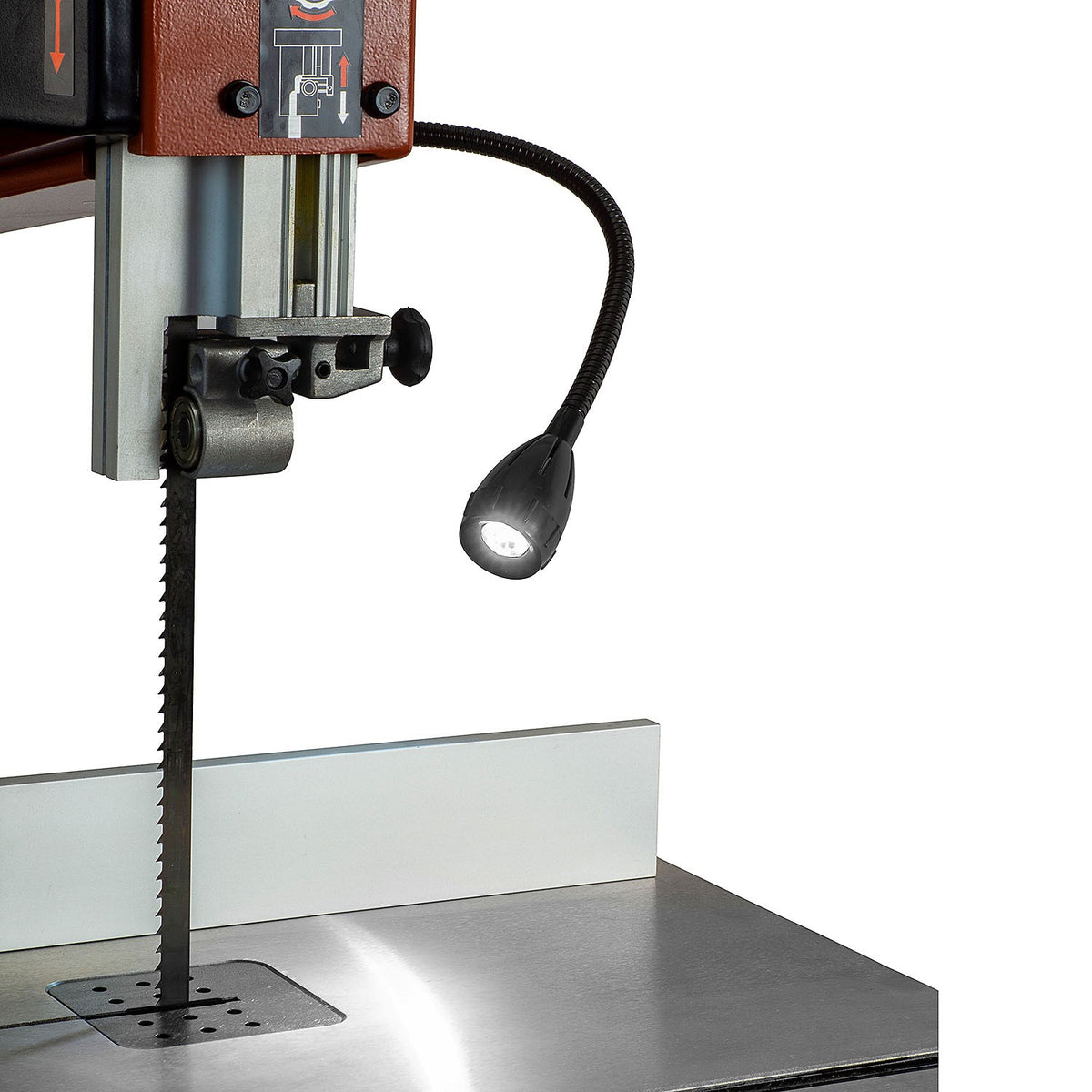 Sherwood 14in 1100W Standard Bandsaw in action with wood cutting, showcasing precision and power
