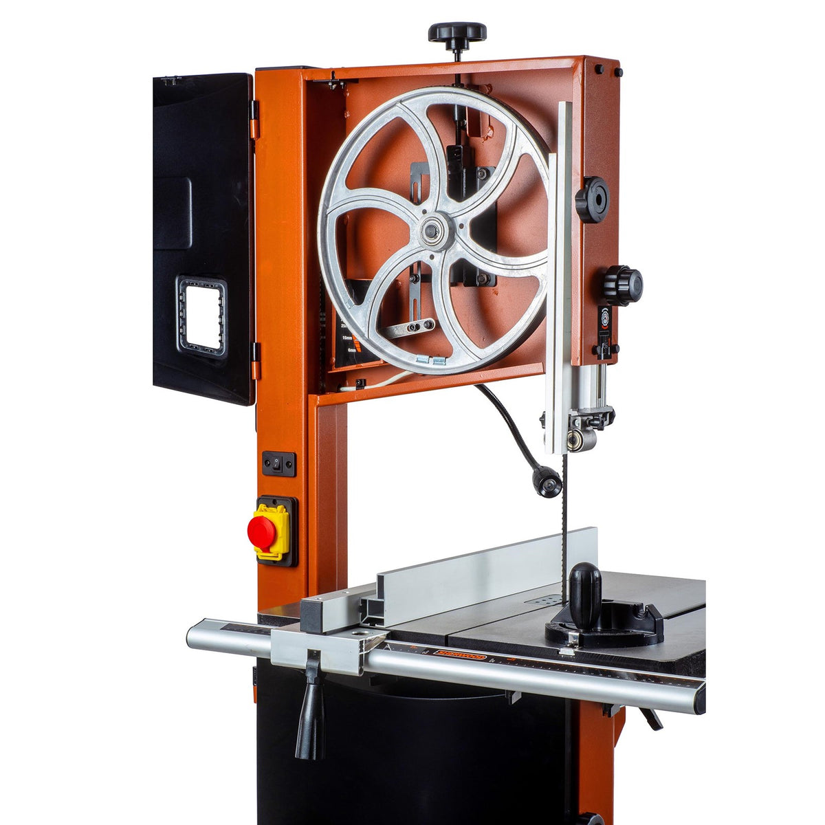 Sherwood 14in 1100W Bandsaw in action, cutting through timber gracefully