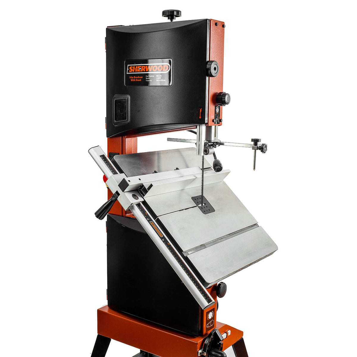 Compact Sherwood 14in Bandsaw in action, cutting through wood with precision