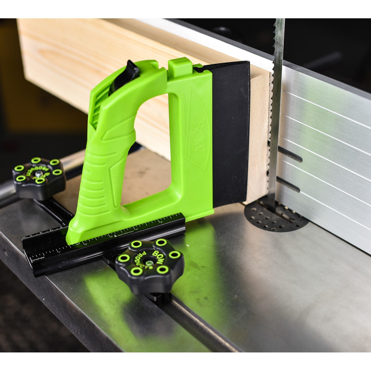 BOW Products GuidePRO Featherboard for Bandsaws in use, ensuring precise wood cutting and user safety