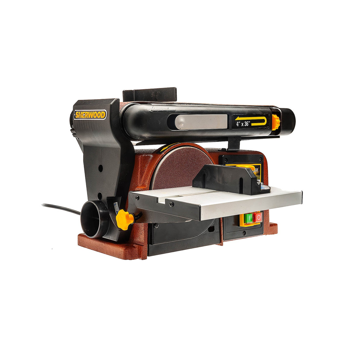 Sherwood Benchtop Belt and Disc Sander showcasing its heavy-duty construction and efficient 375W motor