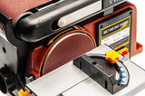 Sherwood 4 x 6in Benchtop Belt and Disc Sander 375W in operation with wooden plank on disc sanding side