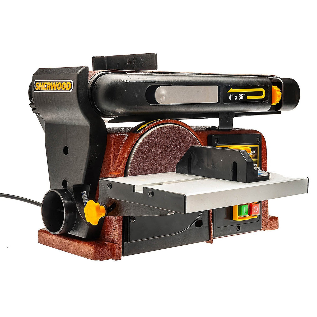 Sherwood 4 x 6in Benchtop Belt and Disc Sander 375W, showing the ribbed poly belt drive system