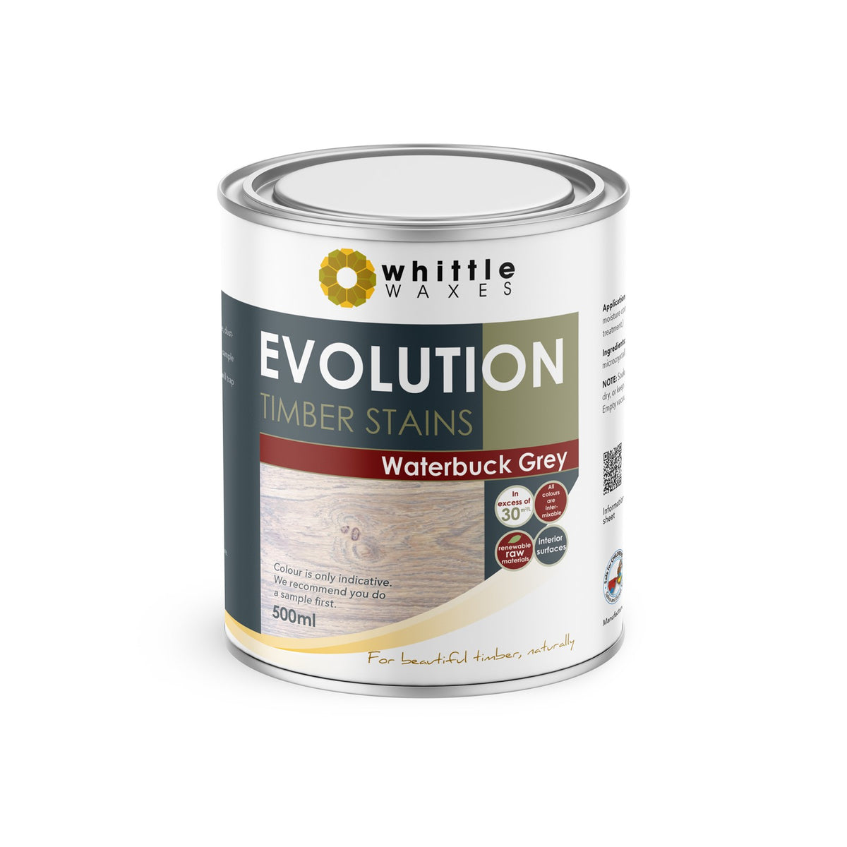 Whittle Waxes Evolution Waterbuck Grey Stain - 500ml bottle angled view