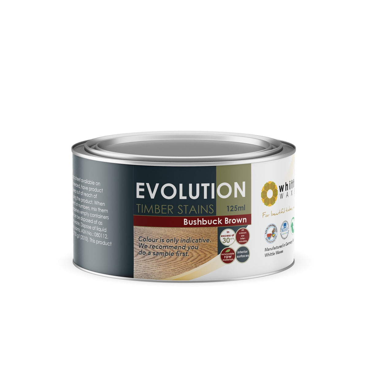 Whittle Waxes Evolution Colour Stain in Bushbuck Brown on wood surface