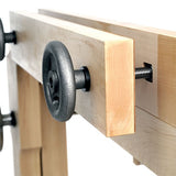 Benchcrafted Hardware Set Moxon Vice Iron Hand Wheels in action, enhancing woodworking precision and convenience