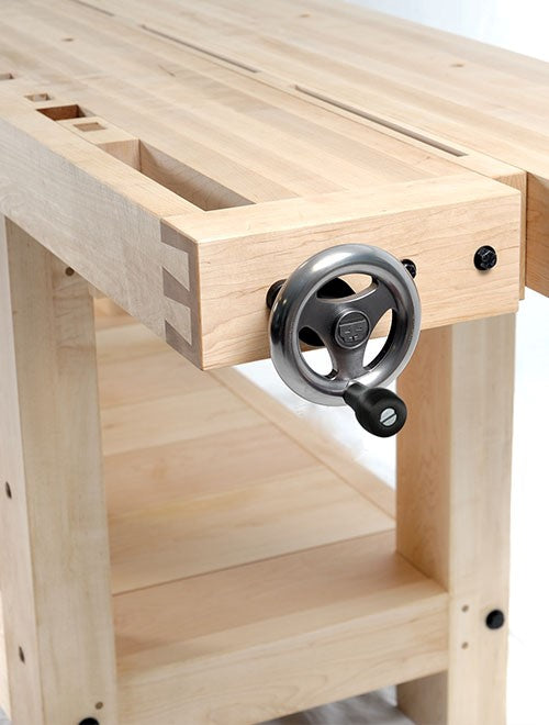 Benchcrafted Hand Wheel Tail Vice with Machined Finish, angled view showcasing moving dog block and nut design