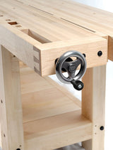 Benchcrafted Hand Wheel Tail Vice with Machined Finish, angled view showcasing moving dog block and nut design
