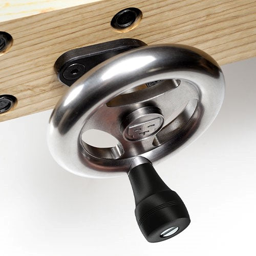 Benchcrafted Hand Wheel Tail Vice with Machined Finish, detailed view of the moving dog block and nut mechanism