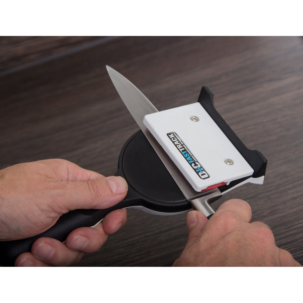 MPOWER FASTTRACK Knife Sharpener Jig 220 Grit Diamond Plate in use on kitchen knife