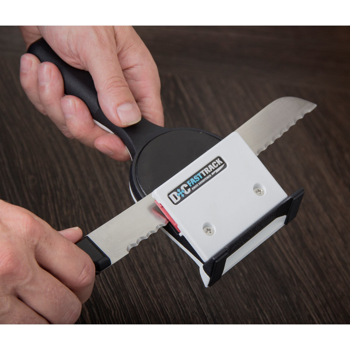 MPOWER FASTTRACK Knife Sharpener Jig 220 Grit Diamond Plate in use on a kitchen knife