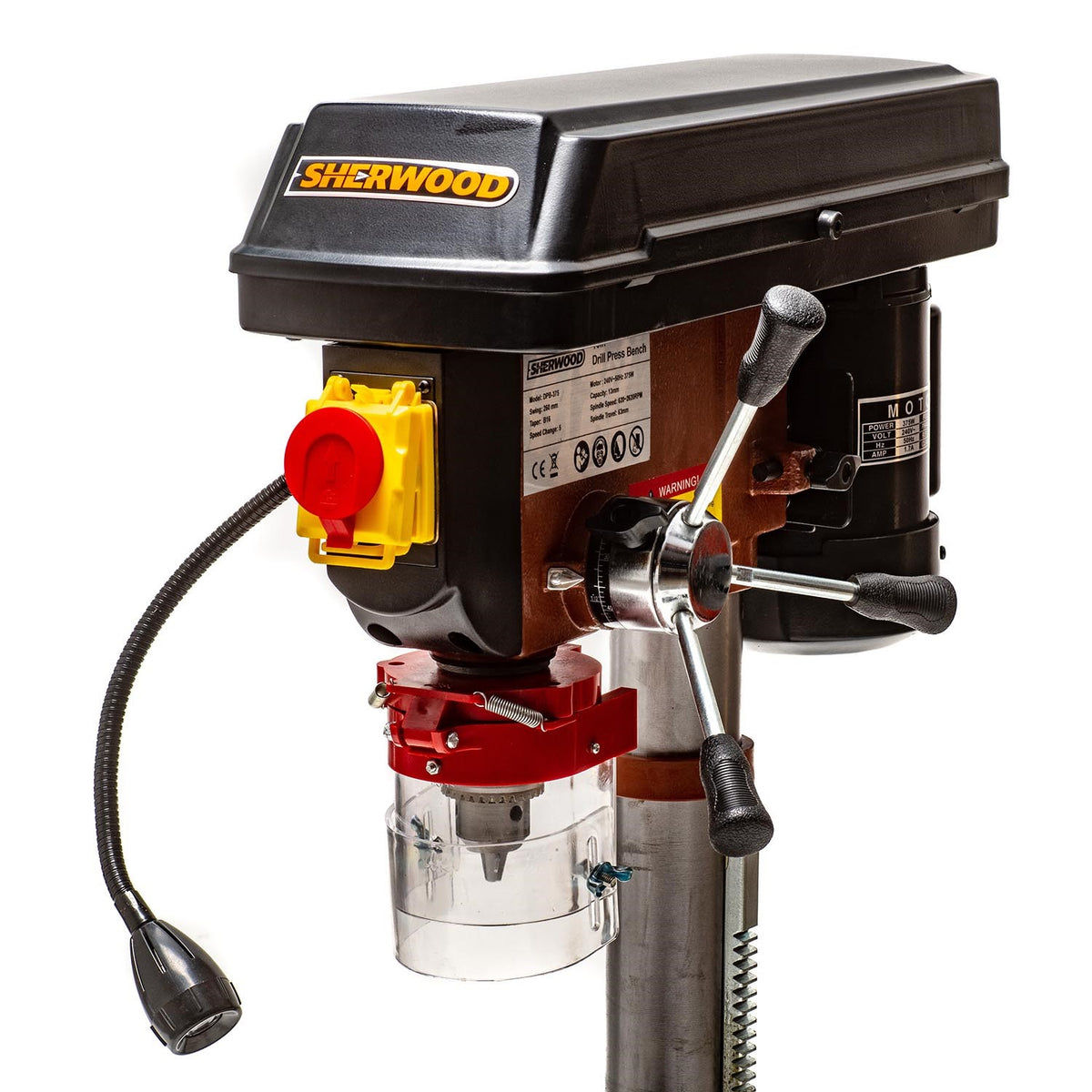 Sherwood Benchtop Drill Press 375W Portable: Side view showcasing compact design and user-friendly features