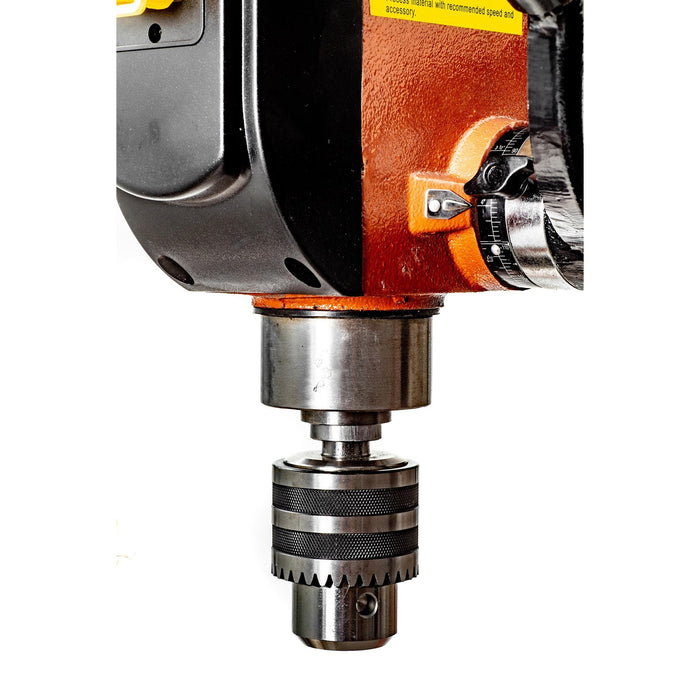 Sherwood Pedestal Drill Press 1500W: Side view showing adjustable table and depth gauge