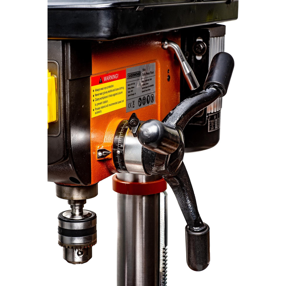 Sherwood Pedestal Drill Press 750W Floor Standing, detailed view of the heavy, stable base and large vibration-absorbing head