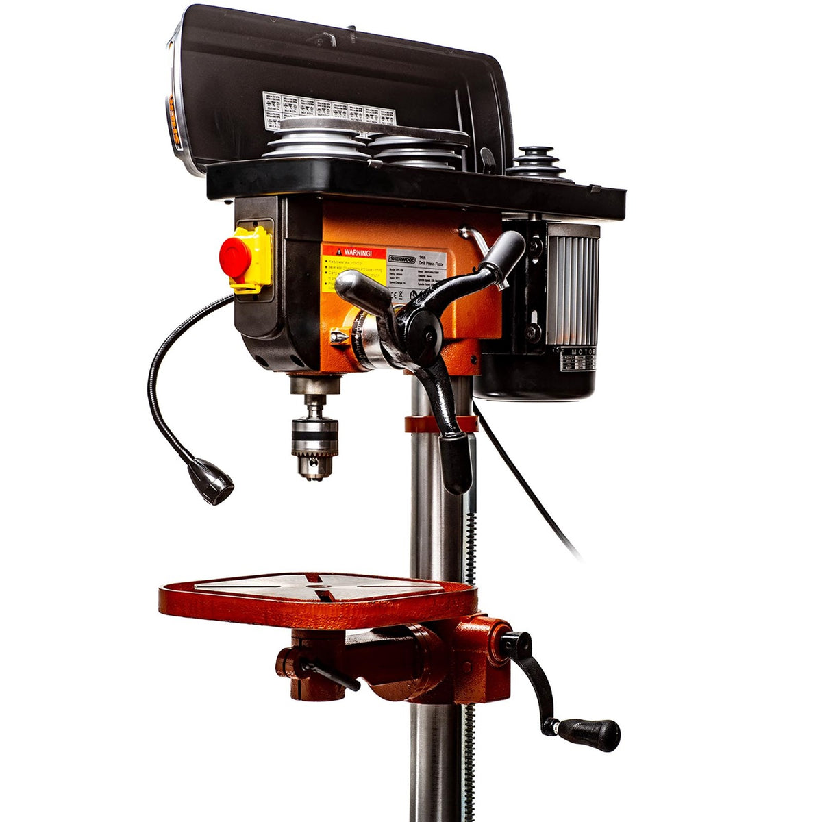 Sherwood 750W Pedestal Drill Press - Side view showcasing robust construction and stability