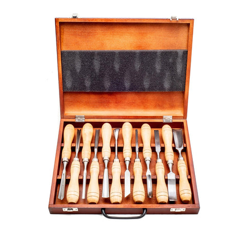 Baladonia Wood Carving Tools Starter Set of 12 in Wooden Case with Storage Box