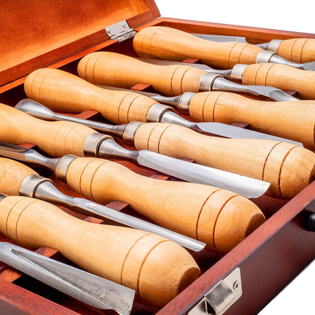 Baladonia Wood Carving Tools Starter Set of 12 in wooden storage case, ideal for beginners
