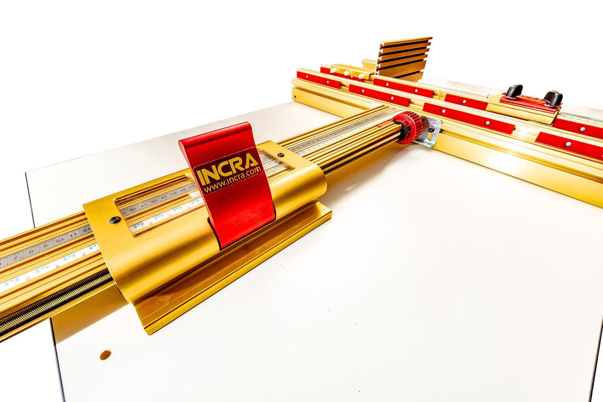 Incra LS Super System 430mm Combo Kit with MAST-R Lift & SRM-1800 Motor, angled view showing precision woodworking tools in action