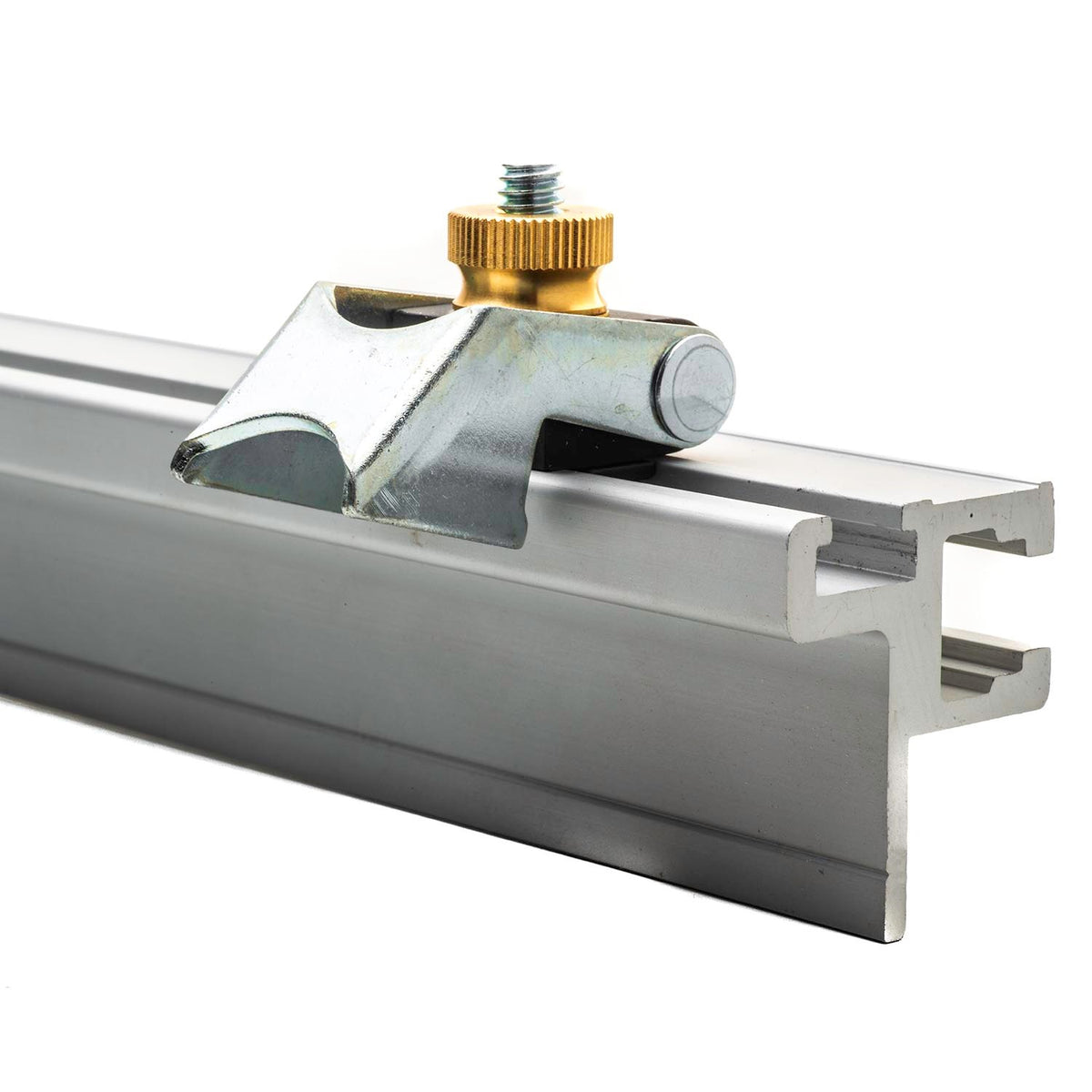 Torquata Steel Flip Stop attached to T-Track Fence, low profile design