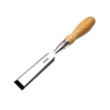 Narex Set of 5 Cryogenic Steel Cabinet Chisels Bevel Edge in Wooden Case, angled view showing detailed craftsmanship