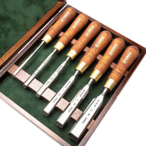 Premium Narex bevel edge chisels set in wooden case, crafted from Czech Chrome-Manganese steel