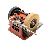 Sherwood Wet Stone Sharpening System grinder in use with sharpening tools and jigs