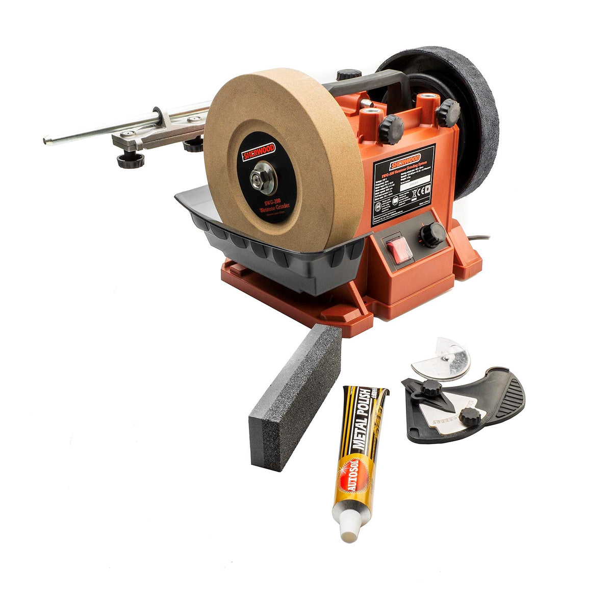 Sherwood Wet Stone Sharpening System 200mm grinder in use with water tray