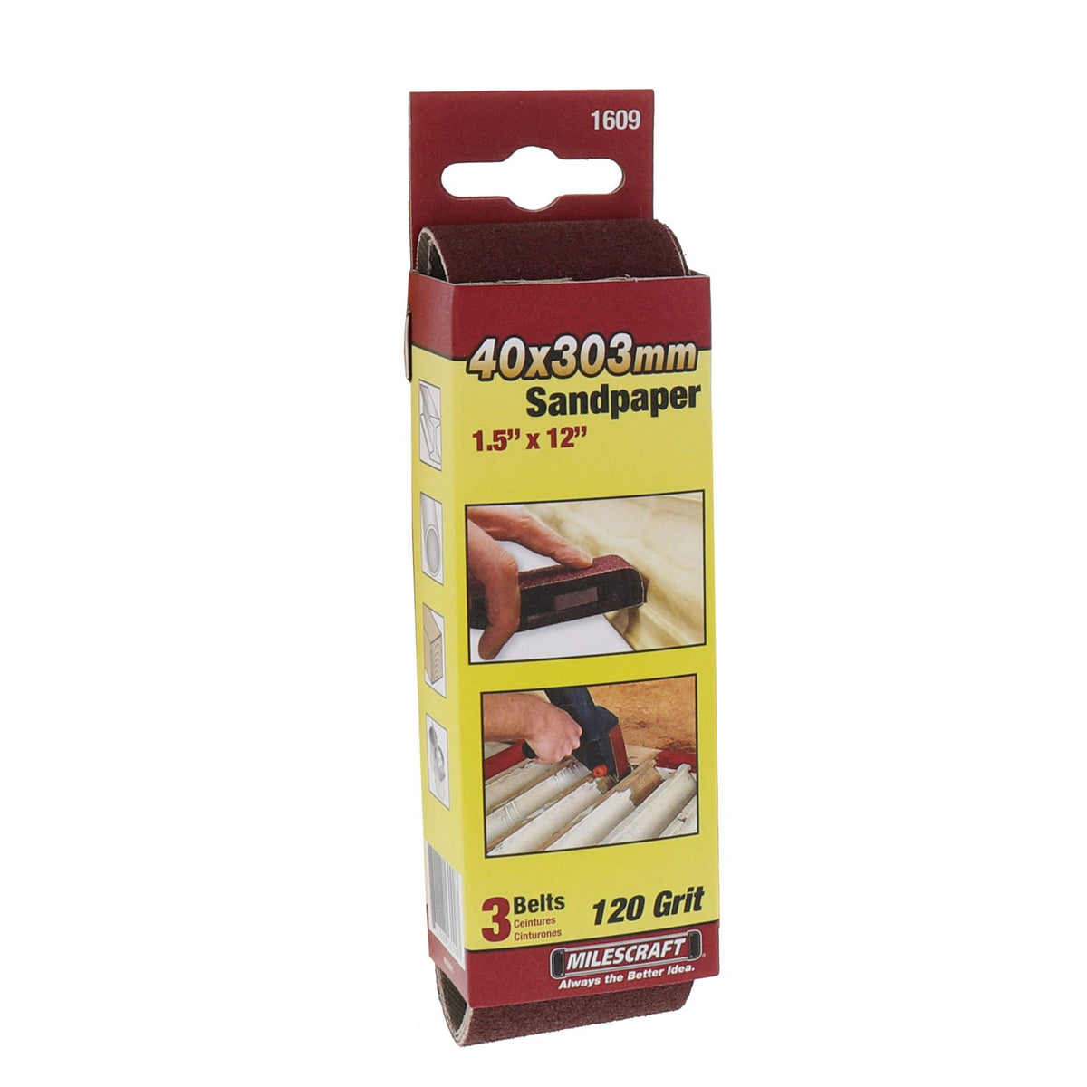 Milescraft Pack of 3 Sanding Belts 40mm x 303mm in use on a wooden surface