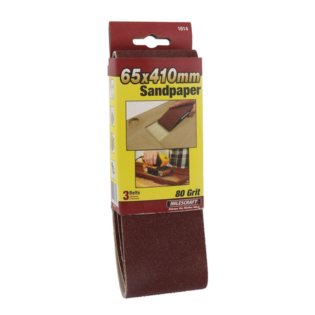 Milescraft Pack of 3 Sanding Belts 65mm x 410mm in use on a woodworking project