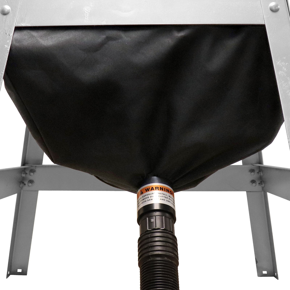 Milescraft DustCutter Table Saw Dust Collection Bag attached to saw with hose