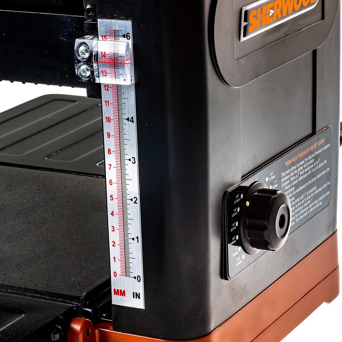 Sherwood 13in Deluxe Benchtop Thicknesser in action smoothing rough timber boards