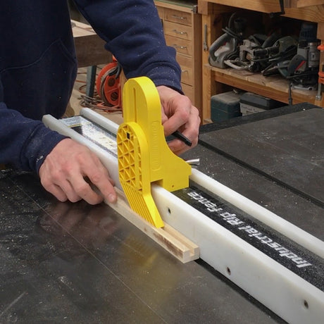 Magnetic vertical featherboard for table saw fences in action