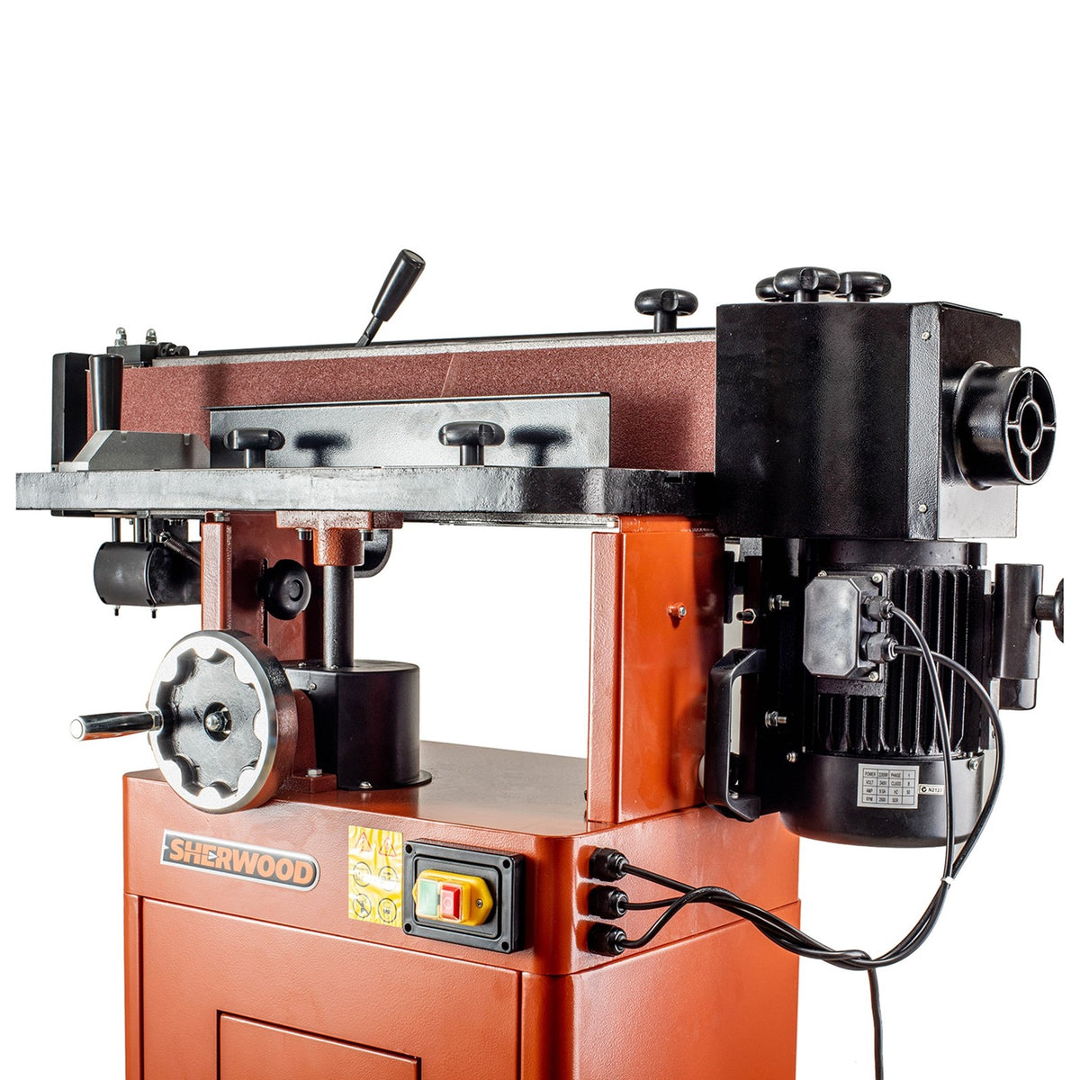 Sherwood Oscillating Belt Sander 6in 2200W Edge Sander on Cabinet Stand in workshop setting